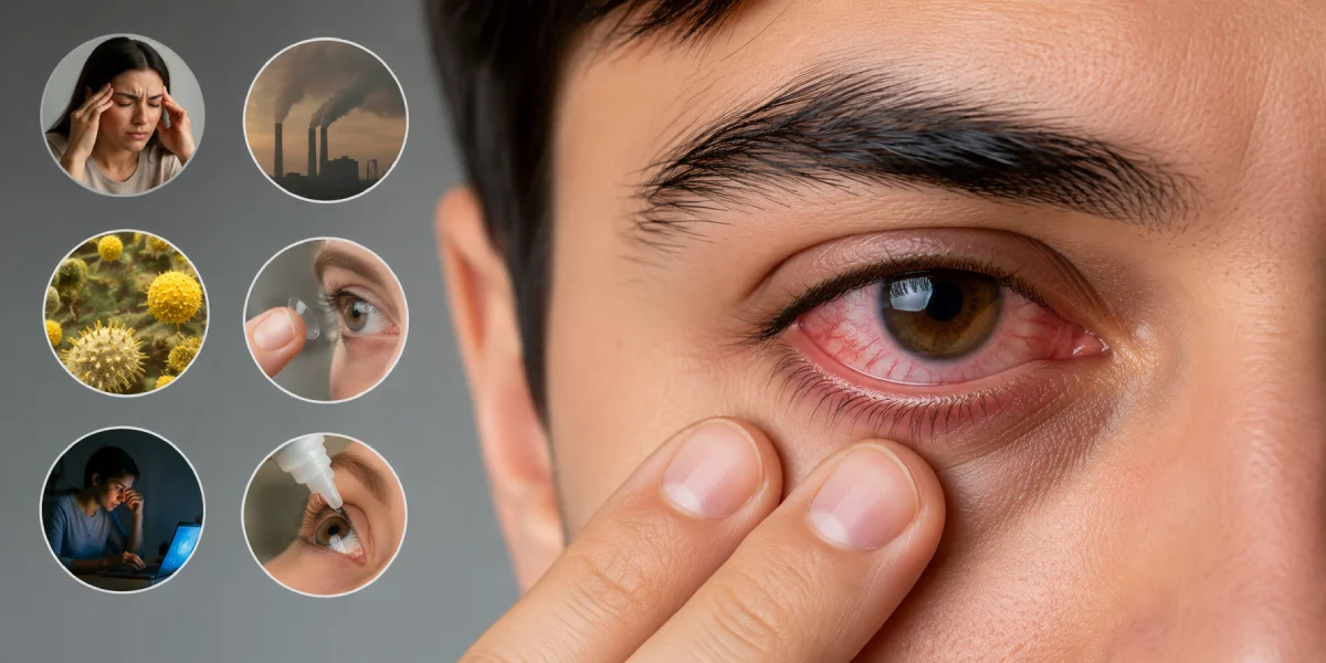 Red, irritated eye with visual representations of common causes such as allergies, screen strain, pollution, and contact lens use.