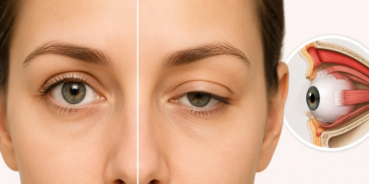 Comparison of normal eye and drooping eyelid ptosis with levator muscle anatomy