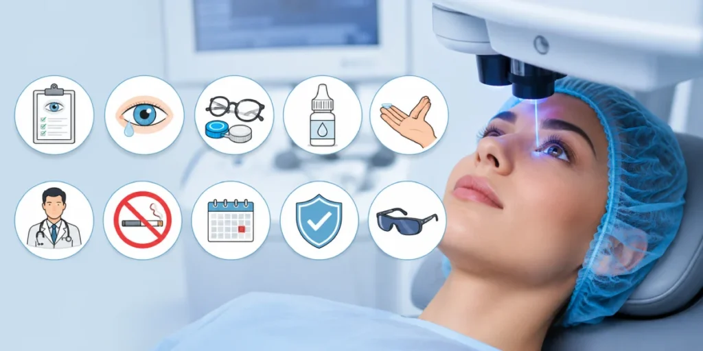 LASIK eye surgery preparation and safety checklist illustration.