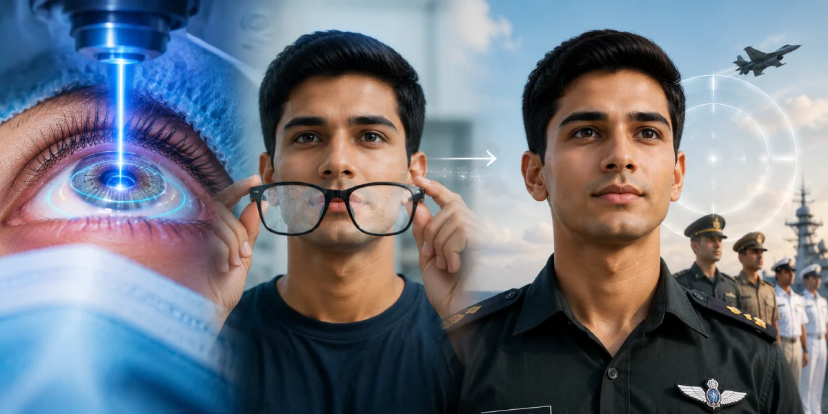 A LASIK eye surgery procedure alongside a candidate with clear vision, representing eligibility for vision-based career requirements.
