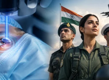 Eye Power for Defence Jobs_ Can LASIK Help You Qualify_ Close-up of LASIK eye surgery beside determined defence personnel, symbolizing vision correction for military careers.