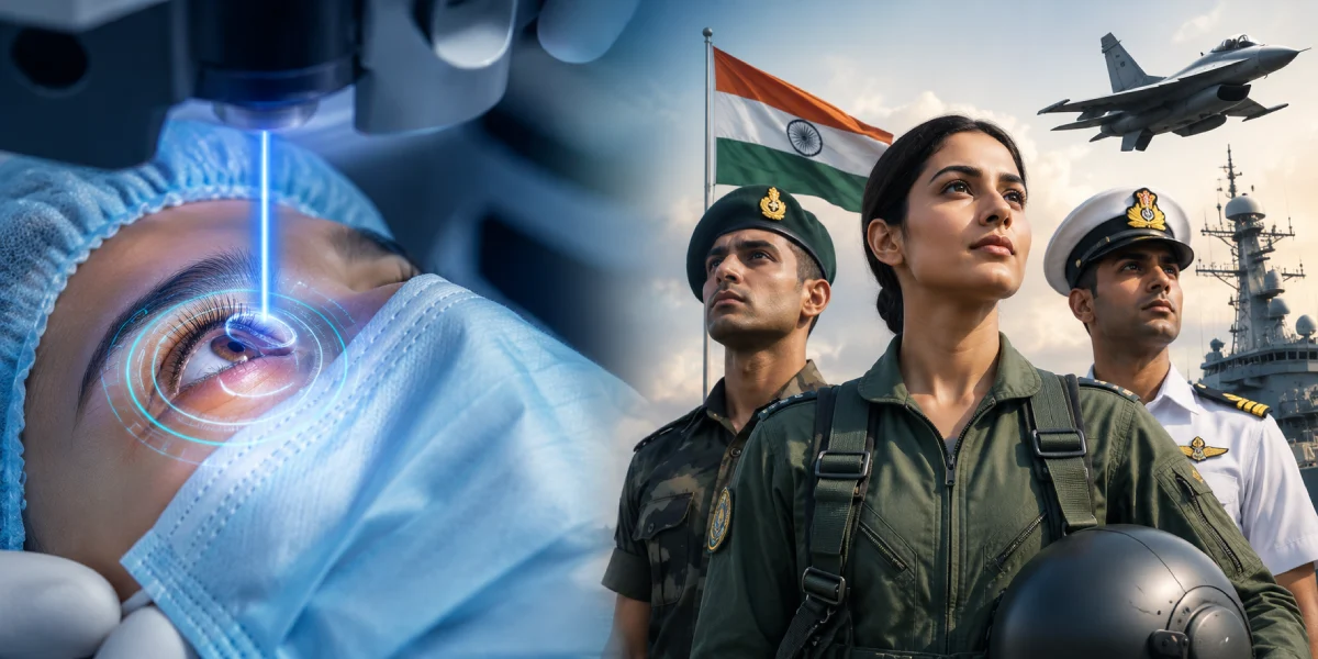 Close-up of LASIK eye surgery beside determined defence personnel, symbolizing vision correction for military careers.