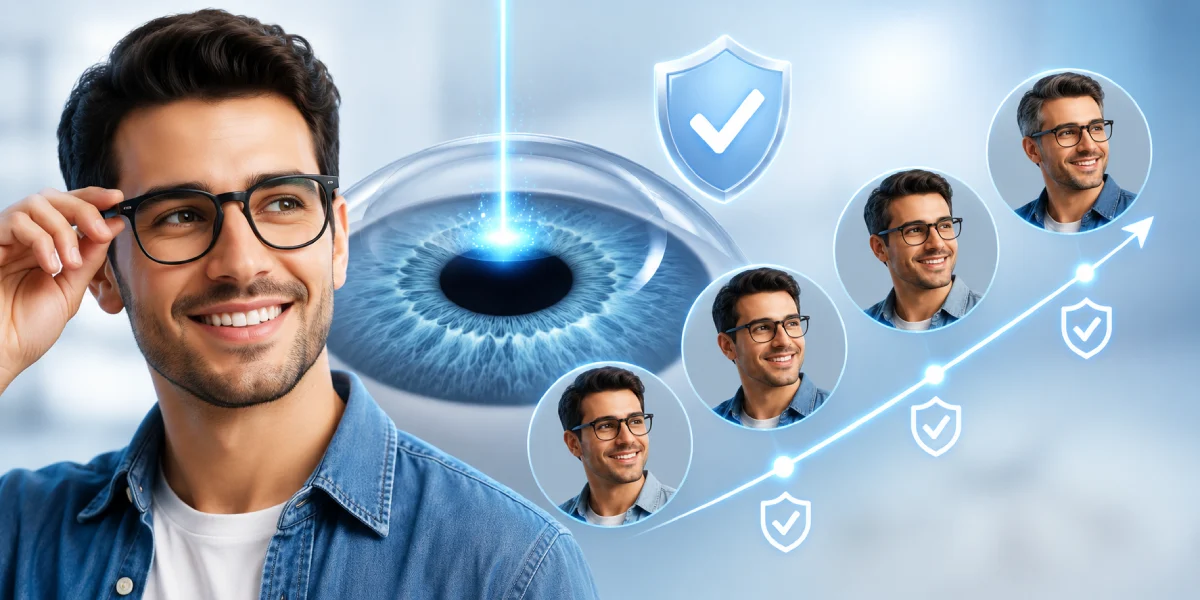 Healthy eye after LASIK surgery with long-lasting vision correction concept.