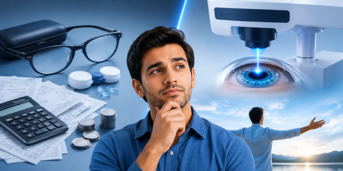 Person comparing the cost of glasses and contact lenses with LASIK eye surgery for long-term vision correction.