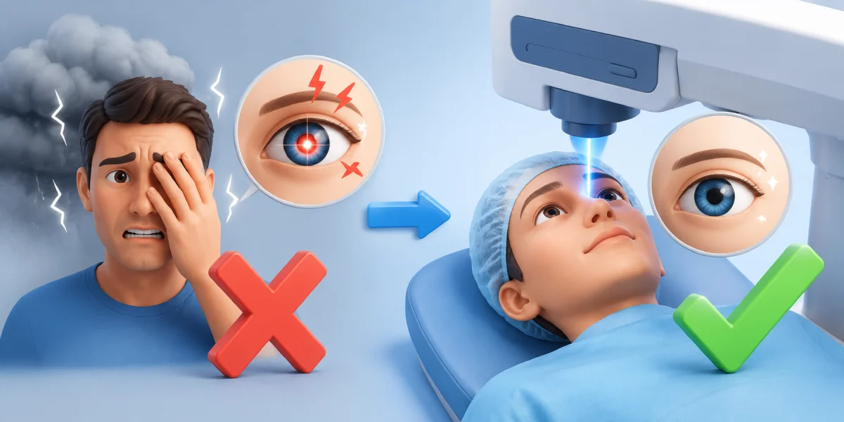 Patient undergoing comfortable LASIK eye surgery with laser treatment in a modern eye clinic.