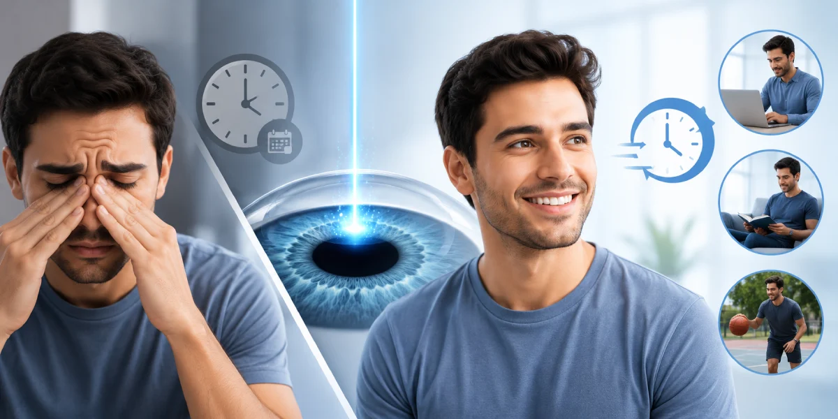 Patient recovering quickly after LASIK surgery with clear vision and normal daily activities.