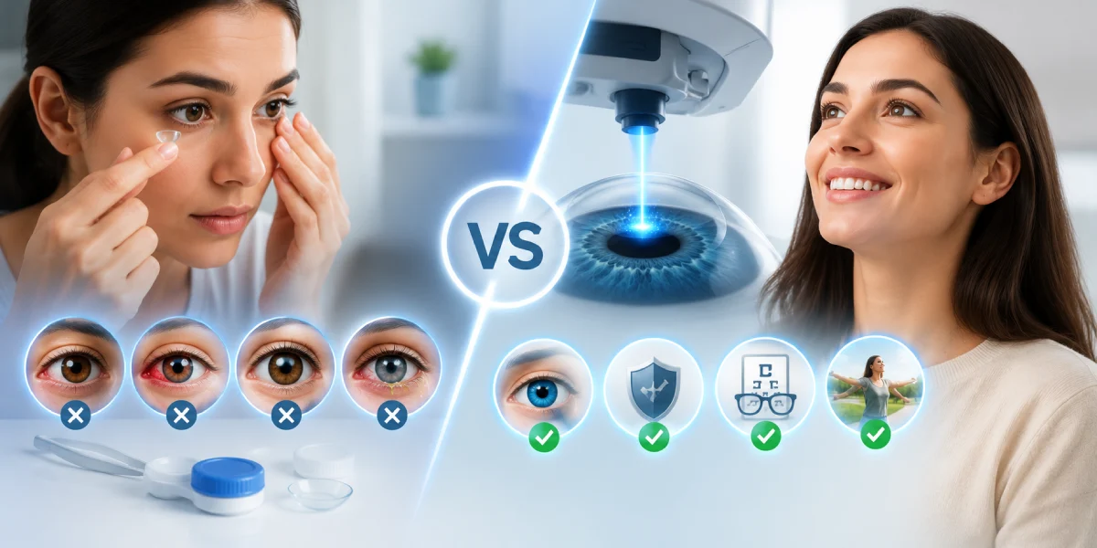 Side-by-side comparison of contact lens use and LASIK eye surgery in a modern eye care setting.