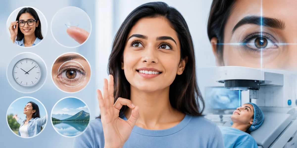A smiling patient in a modern eye clinic undergoing LASIK evaluation, with advanced eye diagnostics and vision correction imagery representing ideal LASIK candidates.