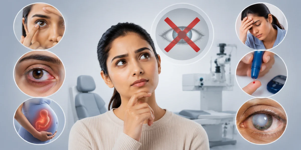 A patient consulting an eye specialist while medical visuals highlight conditions that may make someone unsuitable for LASIK eye surgery.