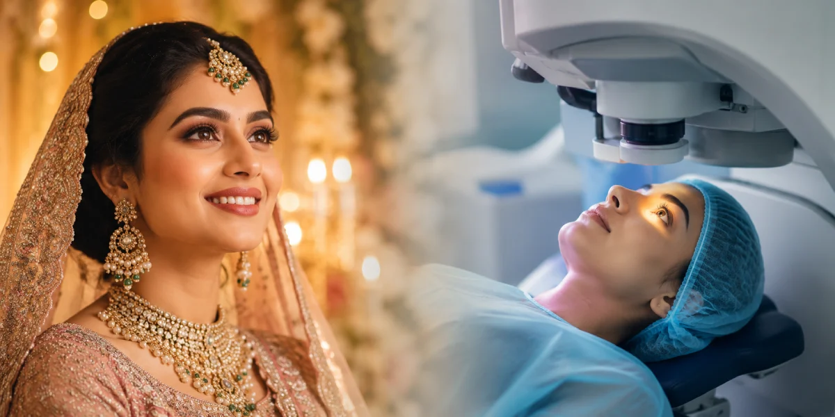 Bride and LASIK eye surgery concept image.