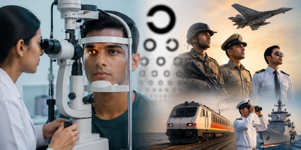 An eye examination alongside professionals in government services, representing vision standards required for public sector careers.