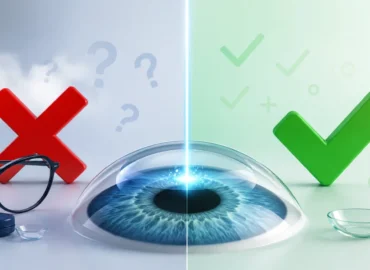 featured image LASIK surgery myths vs facts concept with laser eye treatment and vision correction elements.