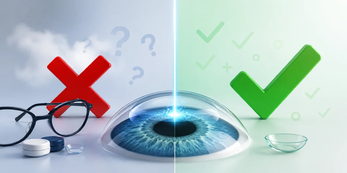 LASIK surgery myths vs facts concept with laser eye treatment and vision correction elements.