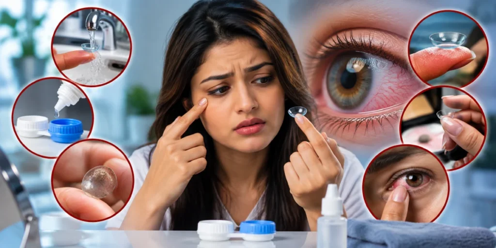 Young woman holding a contact lens while experiencing eye irritation, surrounded by visuals showing common contact lens hygiene mistakes such as using tap water, dirty lenses and improper handling.