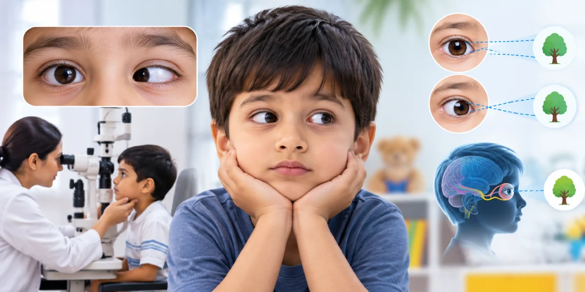 Child with squint struggling with reading learning and confidence at school karnal eye treatment