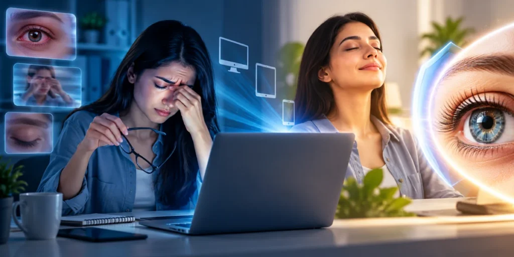 Computer vision syndrome showing eye strain, tired eyes and discomfort caused by prolonged screen use.